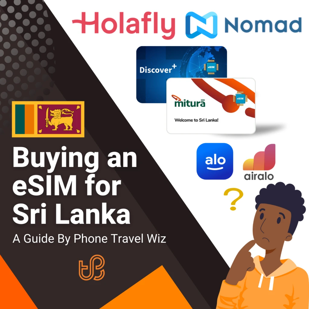 Buying an eSIM for Sri Lanka Guide (logos of Holafly, Nomad, Discover+, Miturā, Alosim & Airalo)