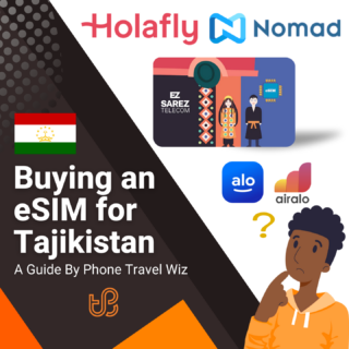 Buying an eSIM for Tajikistan Guide (logos of Holafly, Nomad, EZ Sarez telecom, Alosim & Airalo)