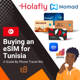 Buying an eSIM for Tunisia Guide (logos of Holafly, Nomad, Discover+, Menalink, Hello Africa, El Jem, Alosim & Airalo)