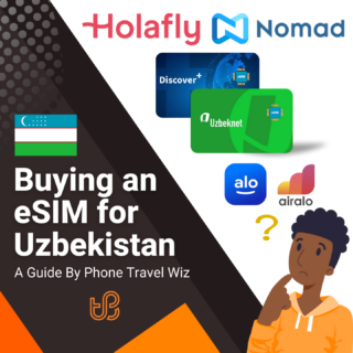 Buying an eSIM for Uzbekistan Guide (logos of Holafly, Nomad, Discover+, Uzbeknet, Alosim & Airalo)
