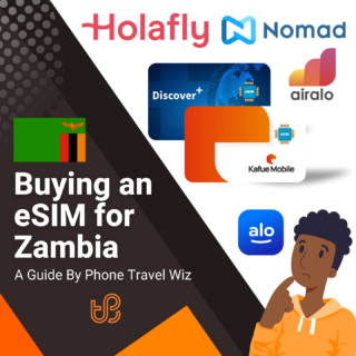Buying an eSIM for Zambia Guide (logos of Holafly, Nomad, Discover+, Kafue Mobile, Airalo & Alosim)