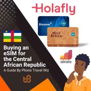Buying an eSIM for the Central African Republic Guide (logos of Holafly, Discover+, Hello Africa & Airalo)
