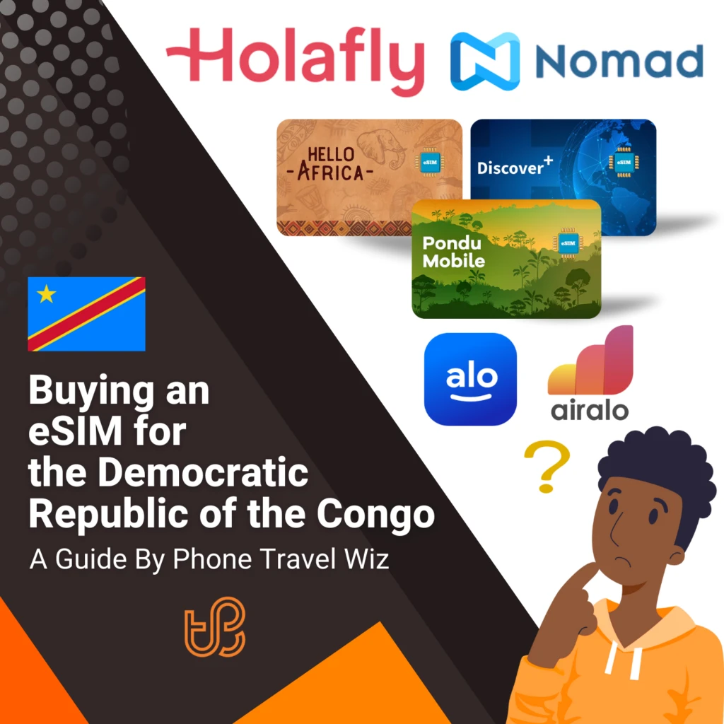Buying an eSIM for the Democratic Republic of the Congo Guide (logos of Holafly, Nomad, Hello Africa, Discover+, Pondu Mobile, Alosim & Airalo)
