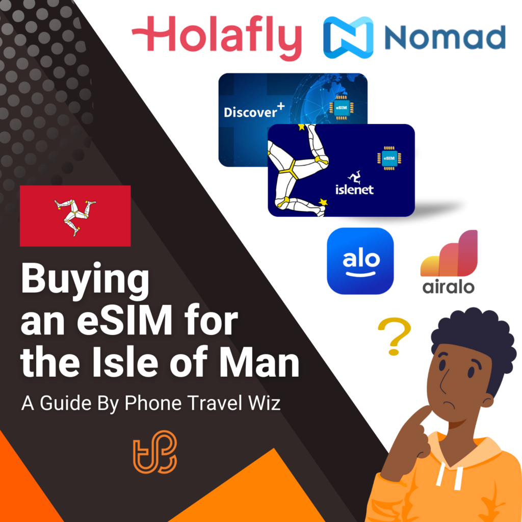 Buying an eSIM for the Isle of Man Guide (logos of Holafly, Nomad, Discover+, Islenet, Alosim & Airalo)