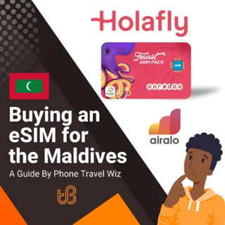 Buying an eSIM for the Maldives Guide (logos of Holafly, Ooredoo & Airalo)