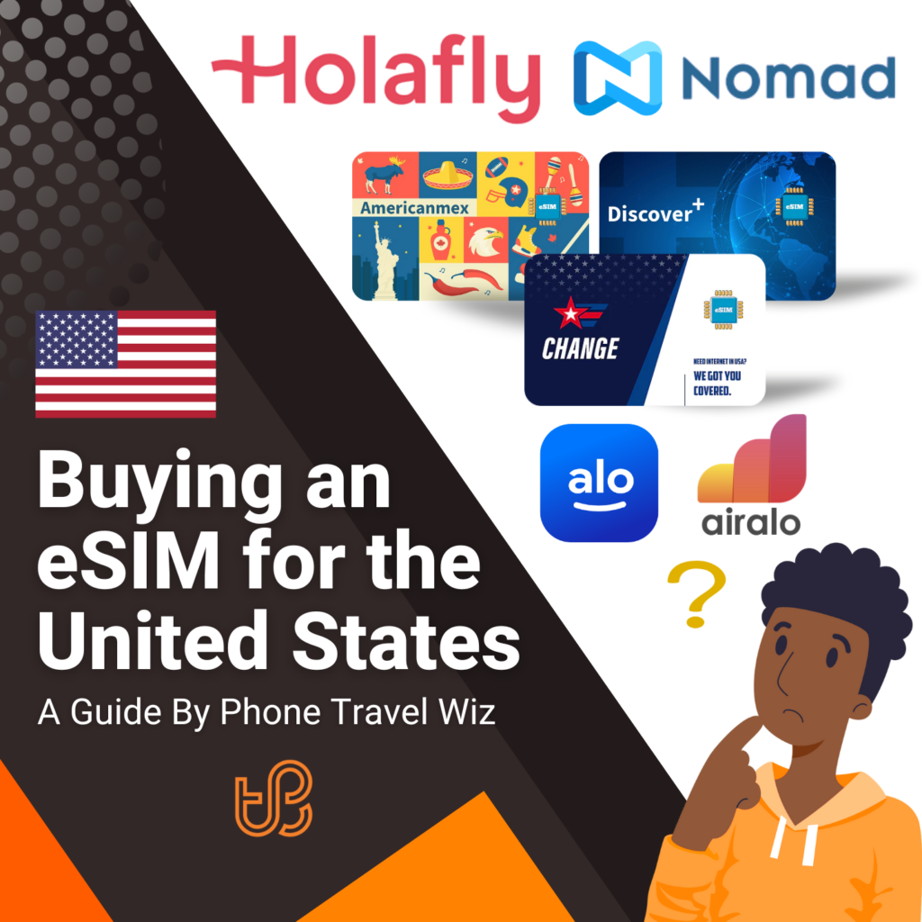 Buying an eSIM for the United States Guide (logos of Holafly, Nomad, Americanmex, Discover+, Change, Alosim & Airalo)