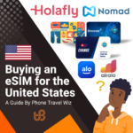 Buying an eSIM for the United States Guide (logos of Holafly, Nomad, Americanmex, Discover+, Change, Alosim & Airalo)