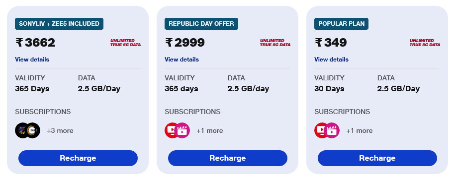 Jio India 2.5 GB day Prepaid Plans