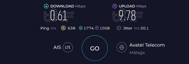 AIS Global in Spain Speed Test at Málaga-Costa del Sol Airport Arrivals Hall (0.61 Mbps)