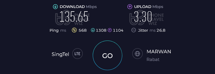 Airalo Menalink in Morocco Speed Test at Casablanca McDonald's @ Bouznika (135.65 Mbps)