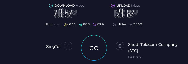 Airalo Middle East in Saudi Arabia Speed Test at King Abdulaziz International Airport Arrivals Hall (43.54 Mbps)