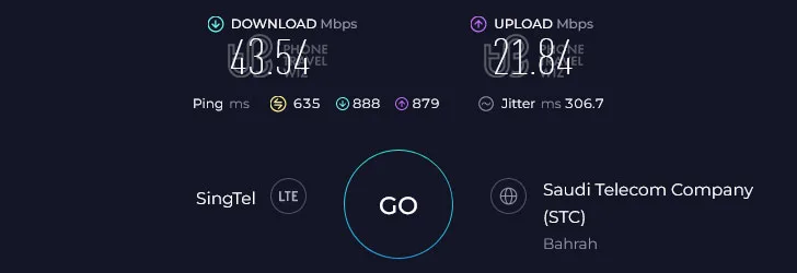 Airalo Middle East in Saudi Arabia Speed Test at King Abdulaziz International Airport Arrivals Hall (43.54 Mbps)