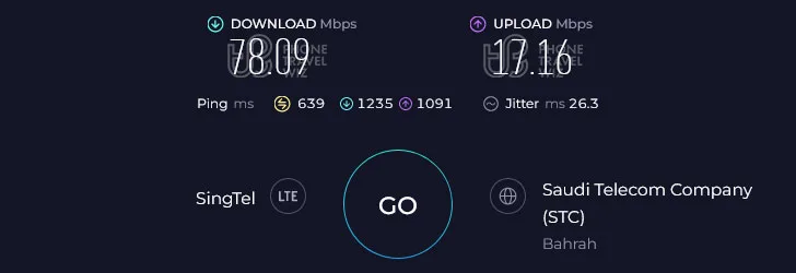 Airalo Middle East in Saudi Arabia Speed Test at Prince Majid Park (78.09 Mbps)