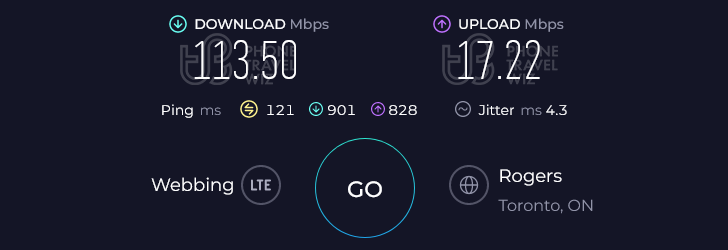 Airalo Tuque Mobile Canada Speed Test at Alobar (113.50 Mbps)