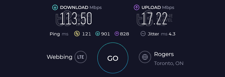 Airalo Tuque Mobile Canada Speed Test at Alobar (113.50 Mbps)