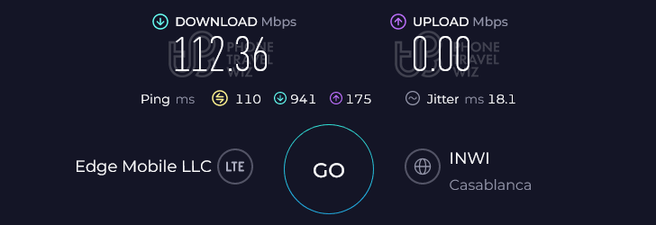 Alosim Morocco Speed Test at Casablanca Phare el Hank (112.36 Mbps)