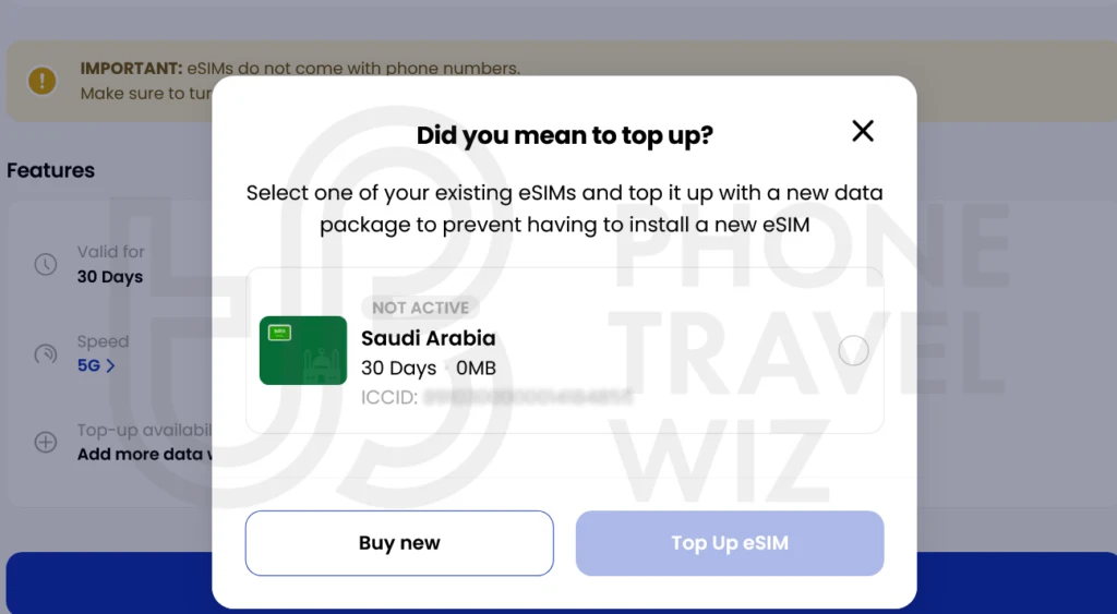 Alosim Top Up Pop Up Screen for Saudi Arabia eSIM