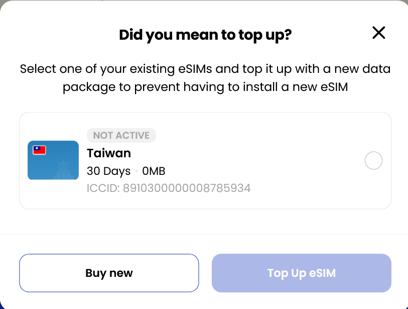 Alosim Top Up Pop Up Screen for Taiwan