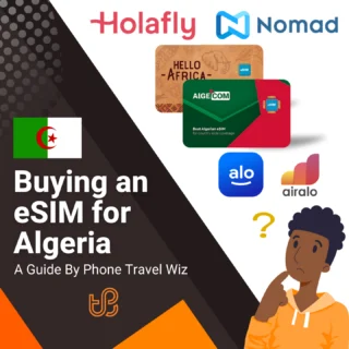 Buying an eSIM for Algeria Guide (logos of Holafly, Nomad, Hello Africa, Algecom, Alosim & Airalo)
