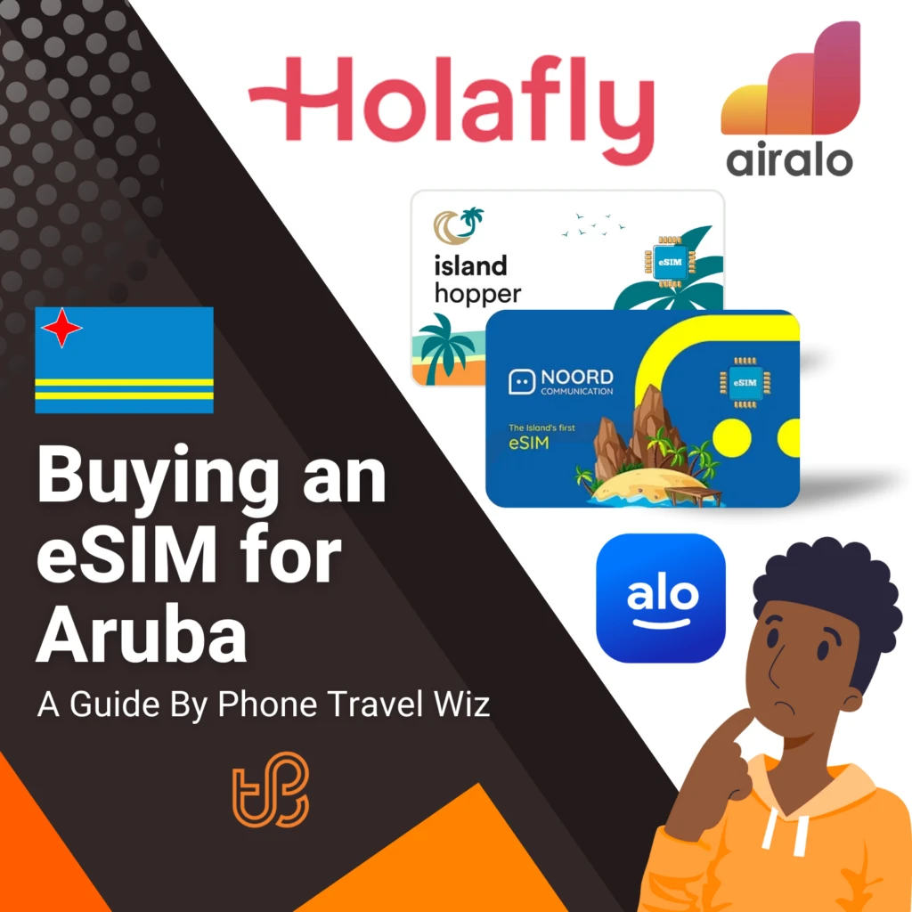 Buying an eSIM for Aruba Guide (logos of Holafly, Airalo, Island Hopper, Noord Communication & Alosim)