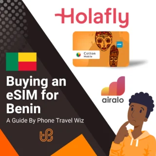 Buying an eSIM for Benin Guide (logos of Holafly, Cotton Mobile & Airalo)