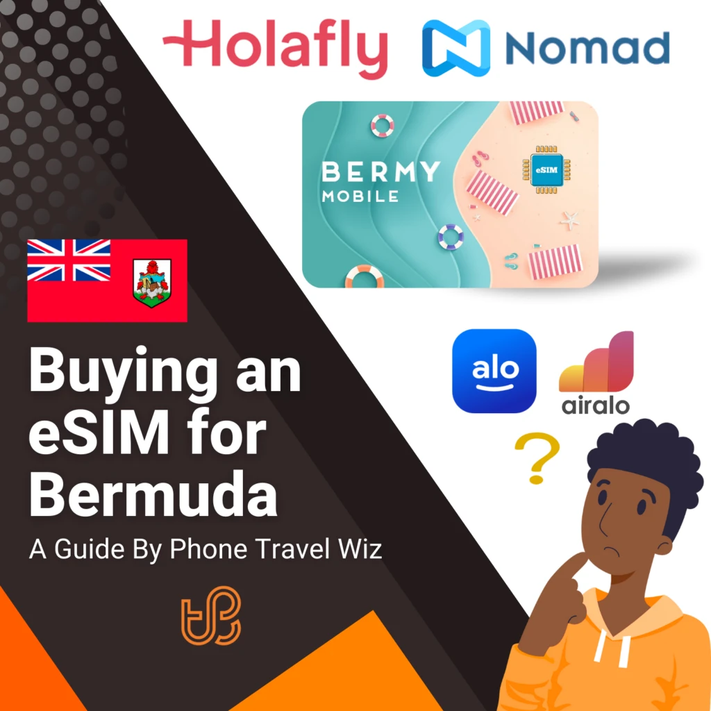Buying an eSIM for Bermuda Guide (logos of Holafly, Nomad, Bermy Mobile, Alosim & Airalo)