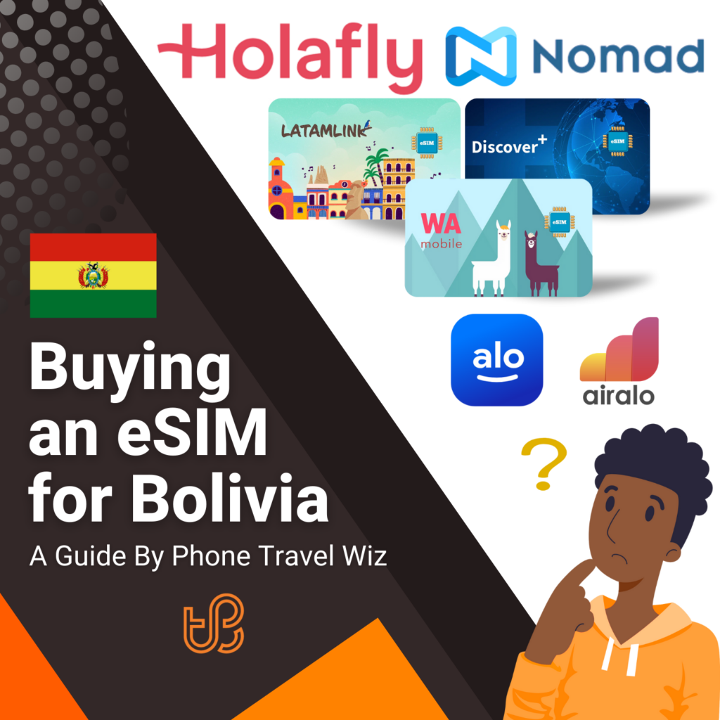 Buying an eSIM for Bolivia Guide (logos of Holafly, Nomad, Latamlink, Discover+, WA Mobile, Alosim & Airalo)