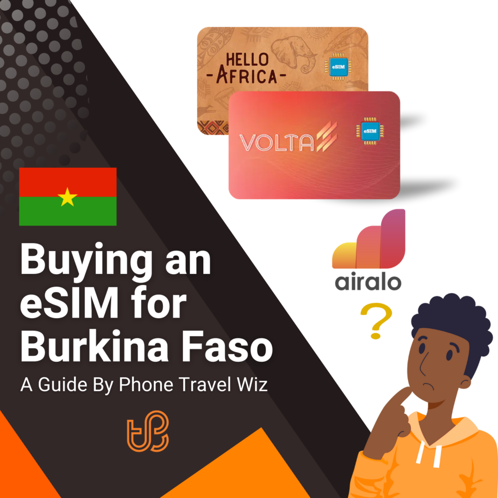 Buying an eSIM for Burkina Faso Guide (logos of Hello Africa, Volta & Airalo)
