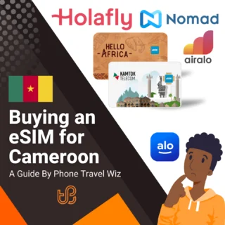 Buying an eSIM for Cameroon Guide (logos of Holafly, Nomad, Hello Africa, Airalo, Kamtok Telecom & Alosim)