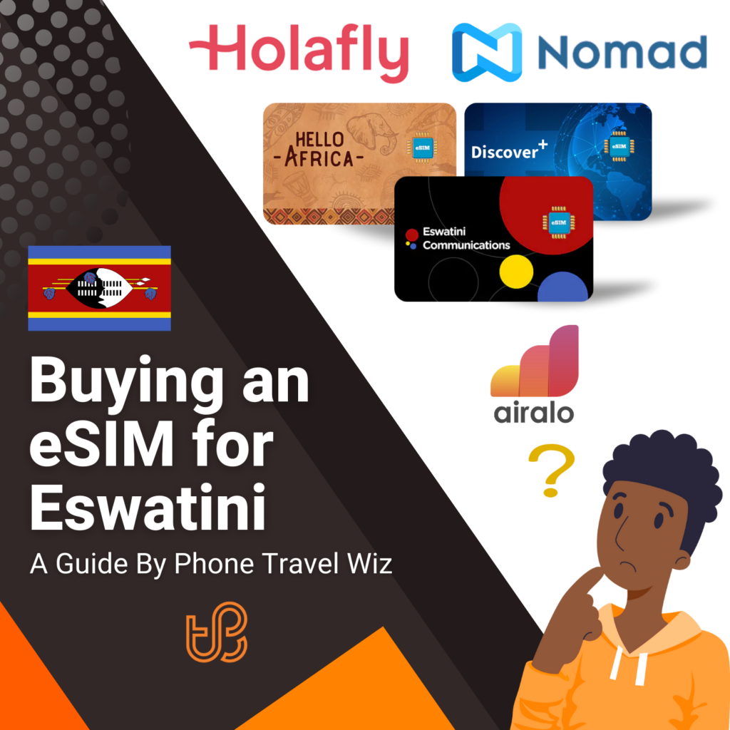 Buying an eSIM for Eswatini Guide (logos of Holafly, Nomad, Hello Africa, Discover+, Eswatini Communications & Airalo)