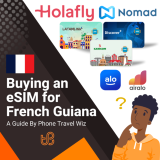 Buying an eSIM for French Guiana Guide (logos of Holafly, Nomad, Latamlink, Discover+, Kawcom, Alosim & Airalo)