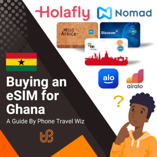 Buying an eSIM for Ghana Guide (logos of Holafly, Nomad, Hello Africa, Discover+, Fifi Mobile, Alosim & Airalo)