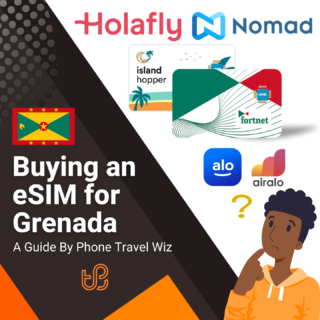 Buying an eSIM for Grenada Guide (logos of Holafly, Nomad, Island Hopper, Fortnet, Alosim & Airalo)