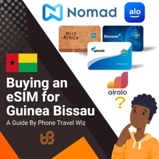 Buying an eSIM for Guinea Bissau Guide (logos of Nomad, Alosim, Hello Africa, Discover+, Spicetel & Airalo)