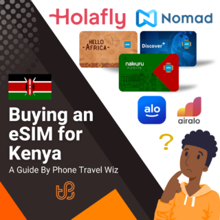 Buying an eSIM for Kenya Guide (logos of Holafly, Nomad, Hello Africa, Discover+, Nakuru Mobile, Alosim & Airalo)