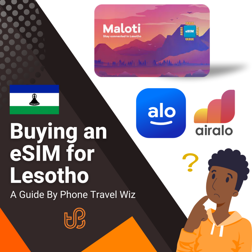 Buying an eSIM for Lesotho Guide (logos of Maloti, Alosim & Airalo)