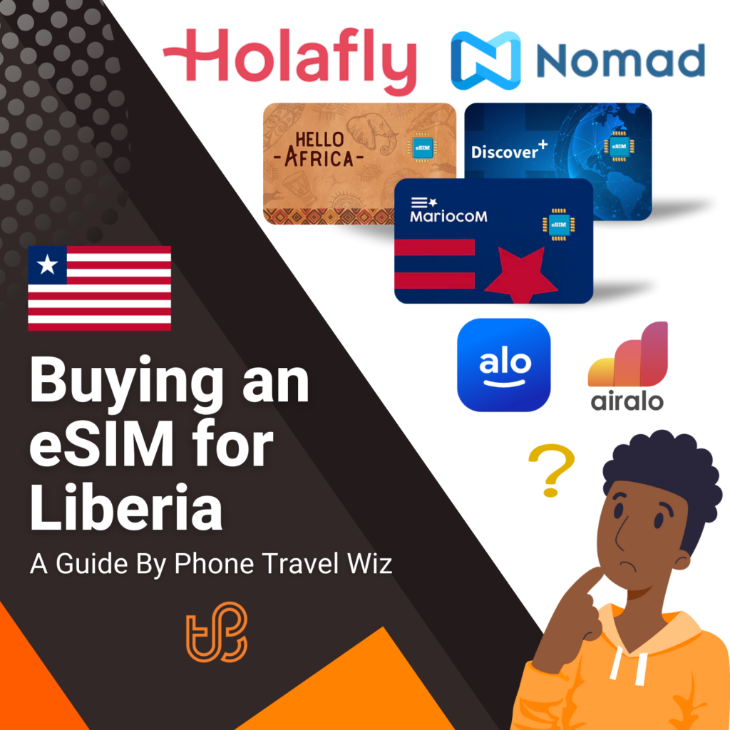 Buying an eSIM for Liberia Guide (logos of Holafly, Nomad, Hello Africa, Discover+, Mariocom, Alosim & Airalo)