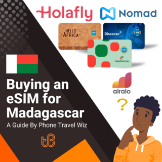 Buying an eSIM for Madagascar Guide (logos of Holafly, Nomad, Hello Africa, Discover+, Madacom & Airalo)