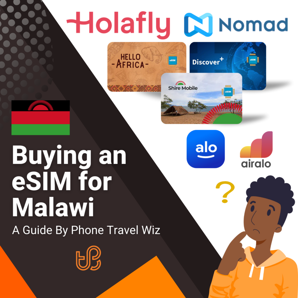 Buying an eSIM for Malawi Guide (logos of Holafly, Nomad, Hello Africa, Discover+, Shire Mobile, Alosim & Airalo)