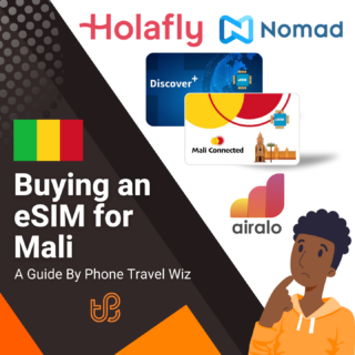 Buying an eSIM for Mali Guide (logos of Holafly, Nomad, Discover+, Mali Connected & Airalo)