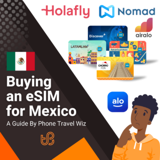 Buying an eSIM for Mexico Guide (logos of Holafly, Nomad, Discover+, Latamlink, Americanmex, Chorro Fon, Airalo & Alosim)