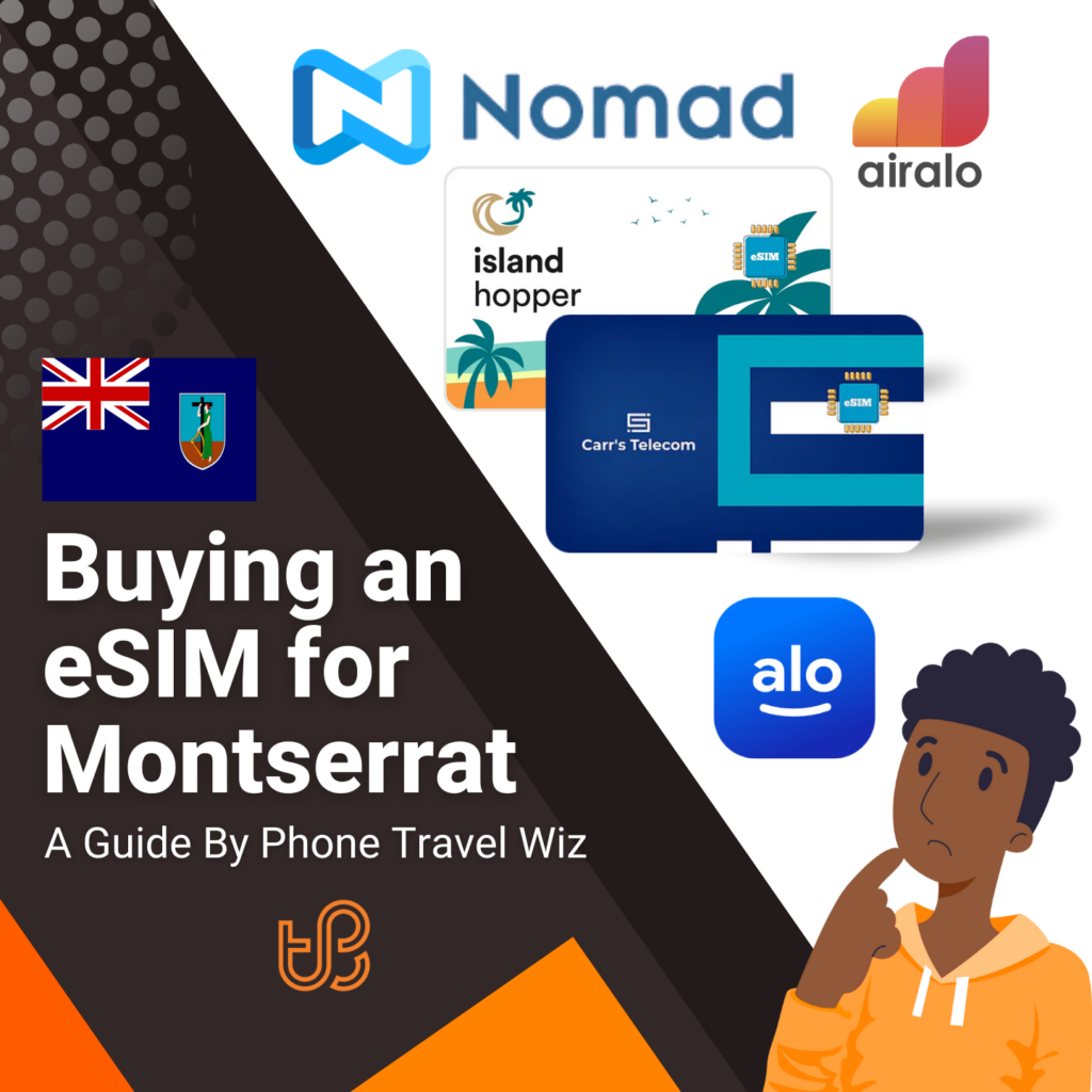 Buying an eSIM for Montserrat Guide (logos of Nomad, Airalo, Island Hopper, Carr's Telecom & Alosim)