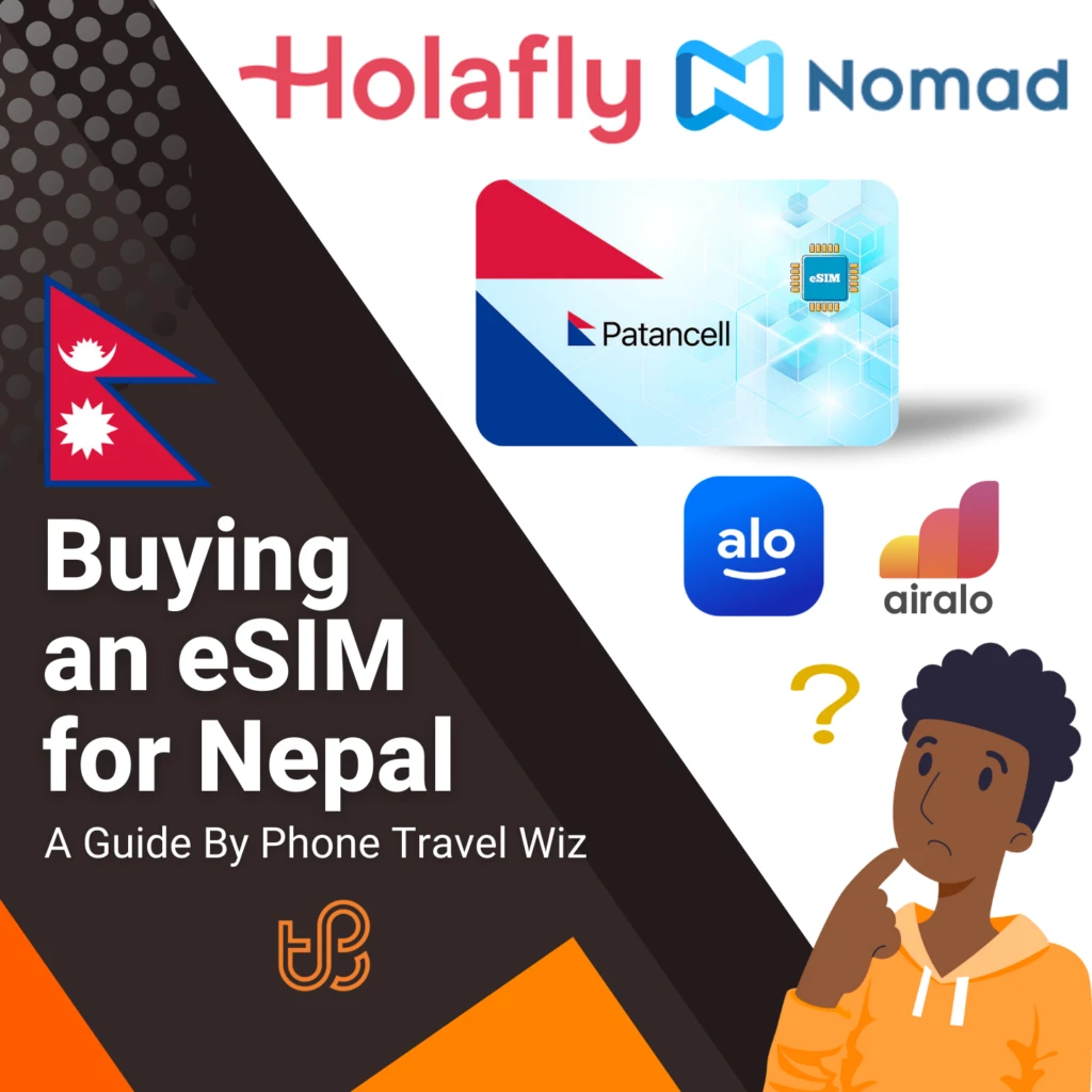 Buying an eSIM for Nepal Guide (logos of Holafly, Nomad, Patancell, Alosim & Airalo)