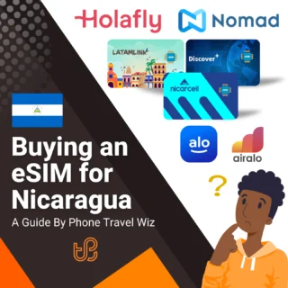 Buying an eSIM for Nicaragua Guide (logos of Holafly, Nomad, Latamlink, Discover+, Nicarcell, Alosim & Airalo)