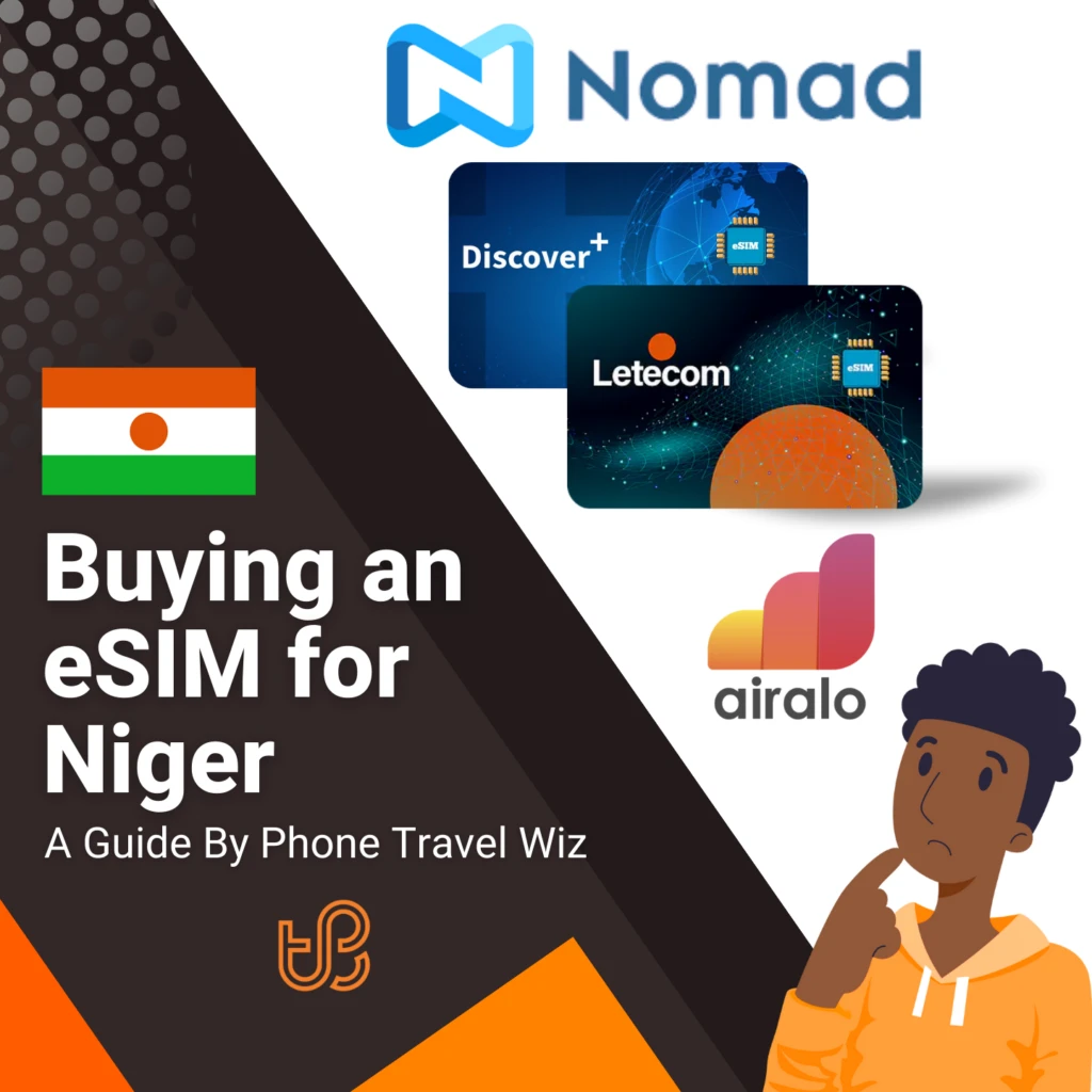 Buying an eSIM for Niger Guide (logos of Nomad, Discover+, Letecom & Airalo)