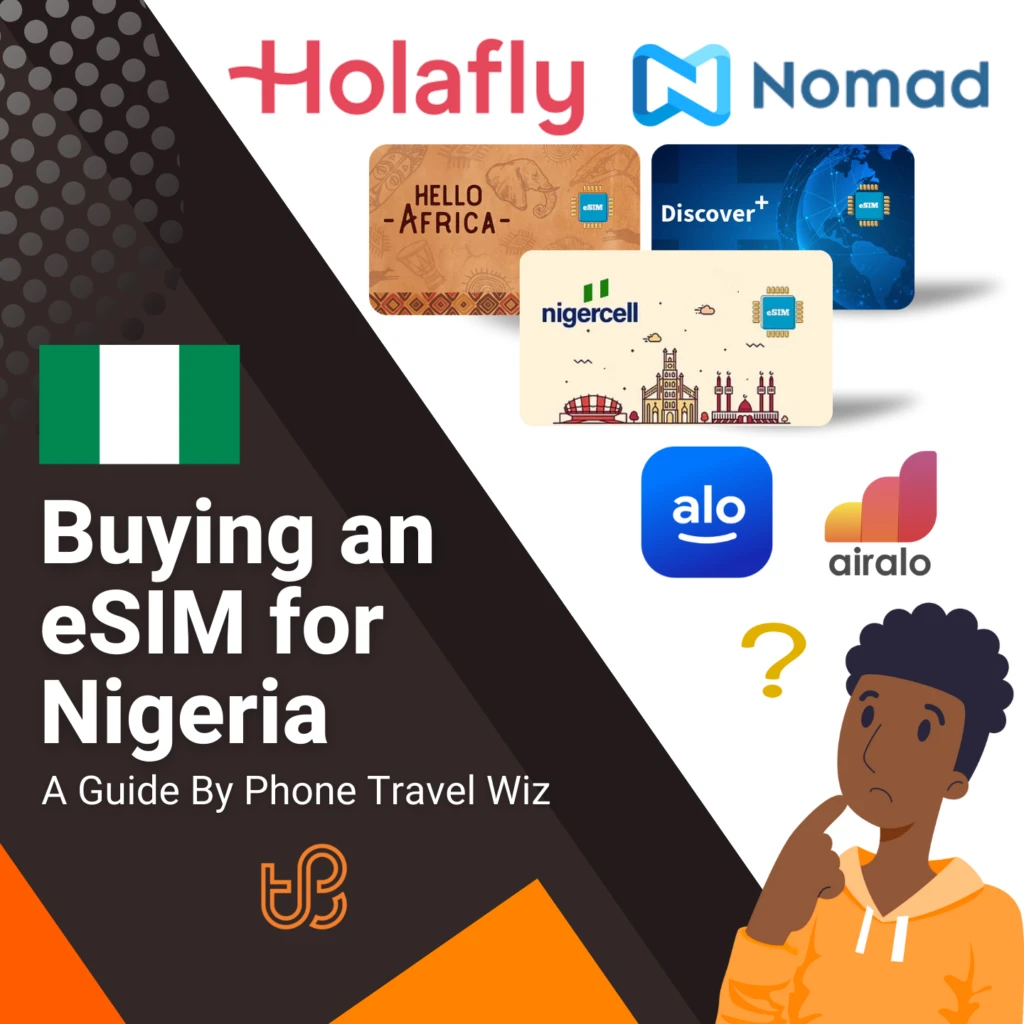 Buying an eSIM for Nigeria Guide (logos of Holafly, Nomad, Hello Africa, Discover+, Nigercell, Alosim & Airalo)