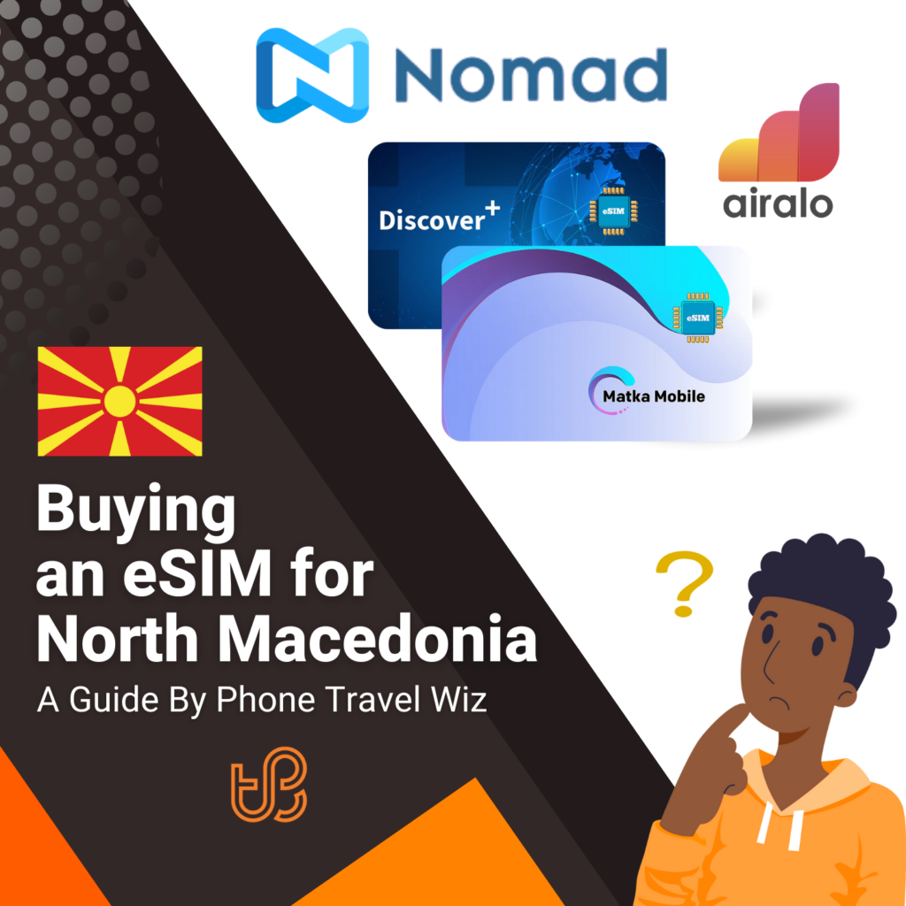 Buying an eSIM for North Macedonia Guide (logos of Nomad, Discover+, Matka Mobile & Airalo)
