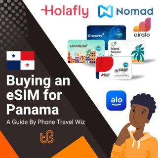 Buying an eSIM for Panama Guide (logos of Holafly, Nomad, Discover+, Latamlink, Island Hopper, Pancell Digital, Airalo & Alosim)