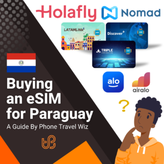 Buying an eSIM for Paraguay Guide (logos of Holafly, Nomad, Latamlink, Discover+, Triple Communication, Alosim & Airalo)