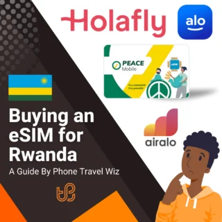 Buying an eSIM for Rwanda Guide (logos of Holafly, Alosim, Peace Mobile & Airalo)